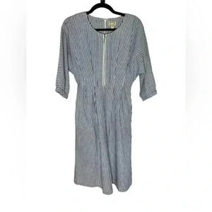 Anthropologie Mo:Vint Linen Midi Striped Blue White Dress XS